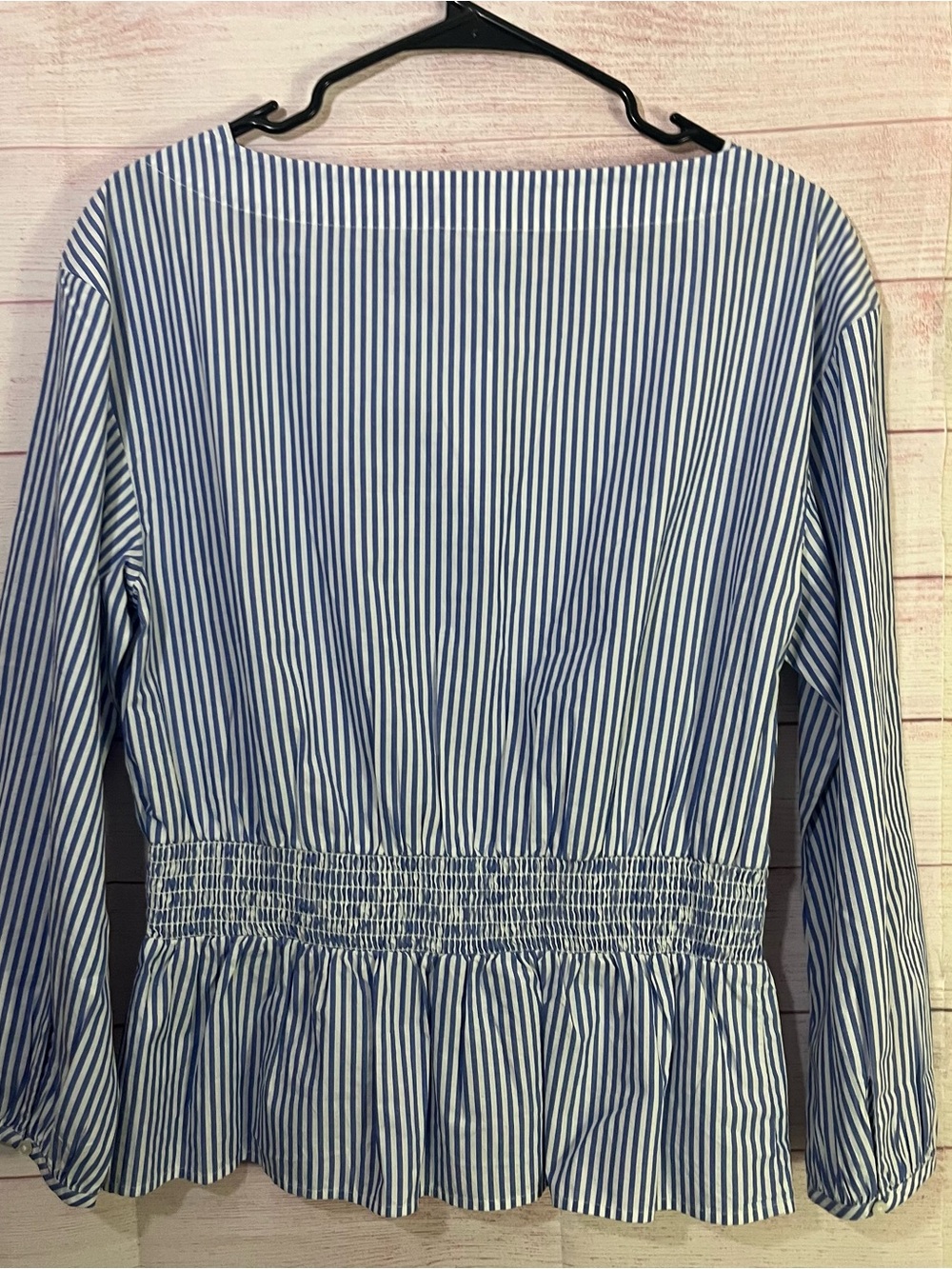 J.Crew‎ 100% Cotton Blue White Stripe Smocked Boat Neck Cinched Waist Top Medium